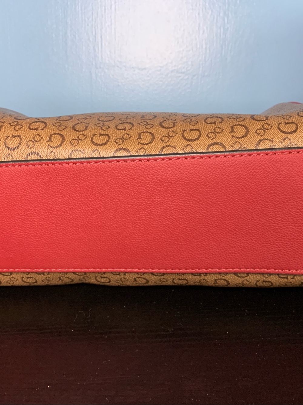 Guess Brown Monogram Satchel with Red Trim and Strap - Picture 6 of 7